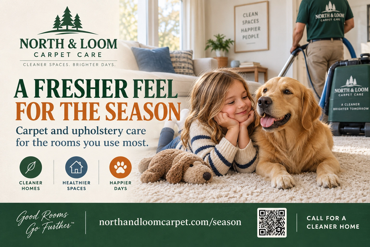 Upholstery postcard: a fresher feel for the season; carpet and upholstery care for the rooms you use most; the child and the dog on the cleaned rug in front of the sectional; the company’s own web address at the foot.