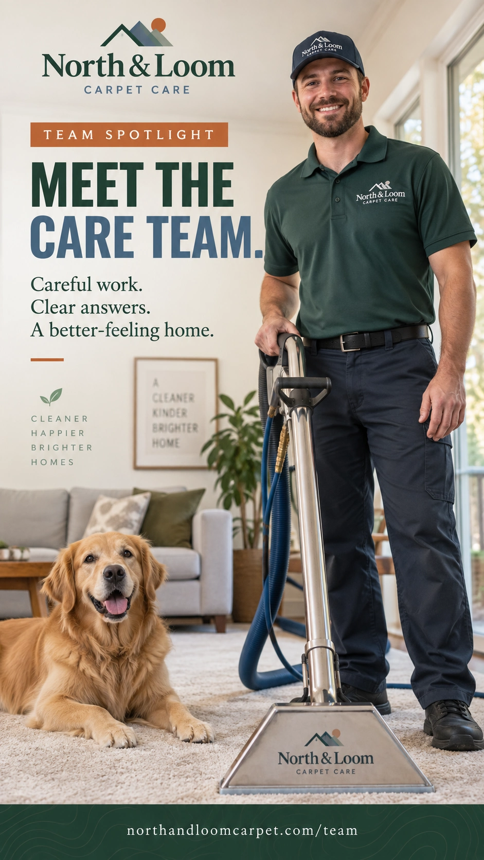 Technician-profile Reel cover: meet the care team; careful work, clear answers; the technician kneeling beside the machine with the dog on the cleaned rug; the company’s handle at the foot.