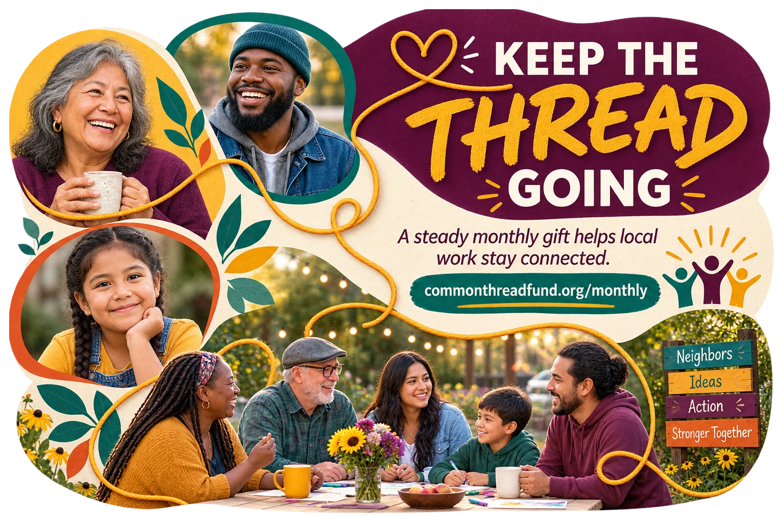 Monthly-giving postcard: keep the thread going, a steady monthly gift helps local work stay connected, and the fund’s own monthly-giving address; neighbors, ideas, action, stronger together.
