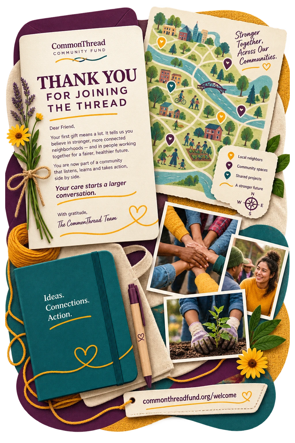New-donor welcome kit: thank you for joining the thread, a letter to a first-time giver, a printed map of the neighborhoods the fund works in, a notebook marked ideas, connections, action, and the fund’s welcome address on the tag.