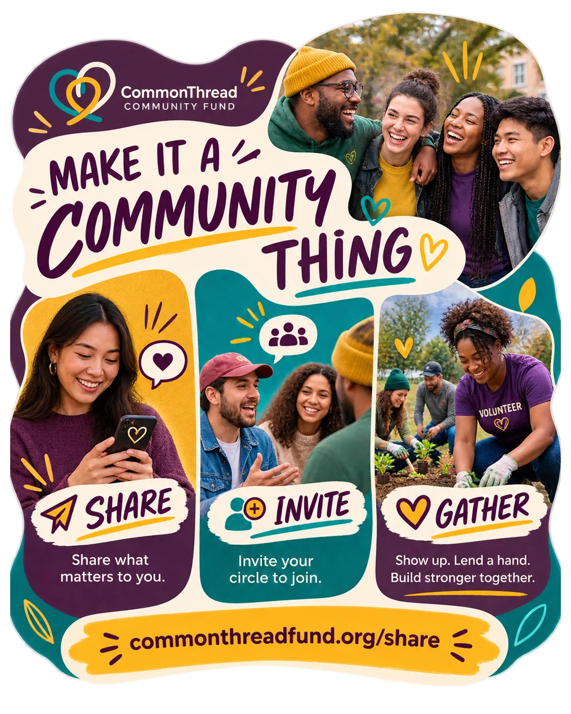 Peer-to-peer carousel: make it a community thing, in three panels — share what matters to you, invite your circle to join, show up and lend a hand — and the fund’s own sharing address.