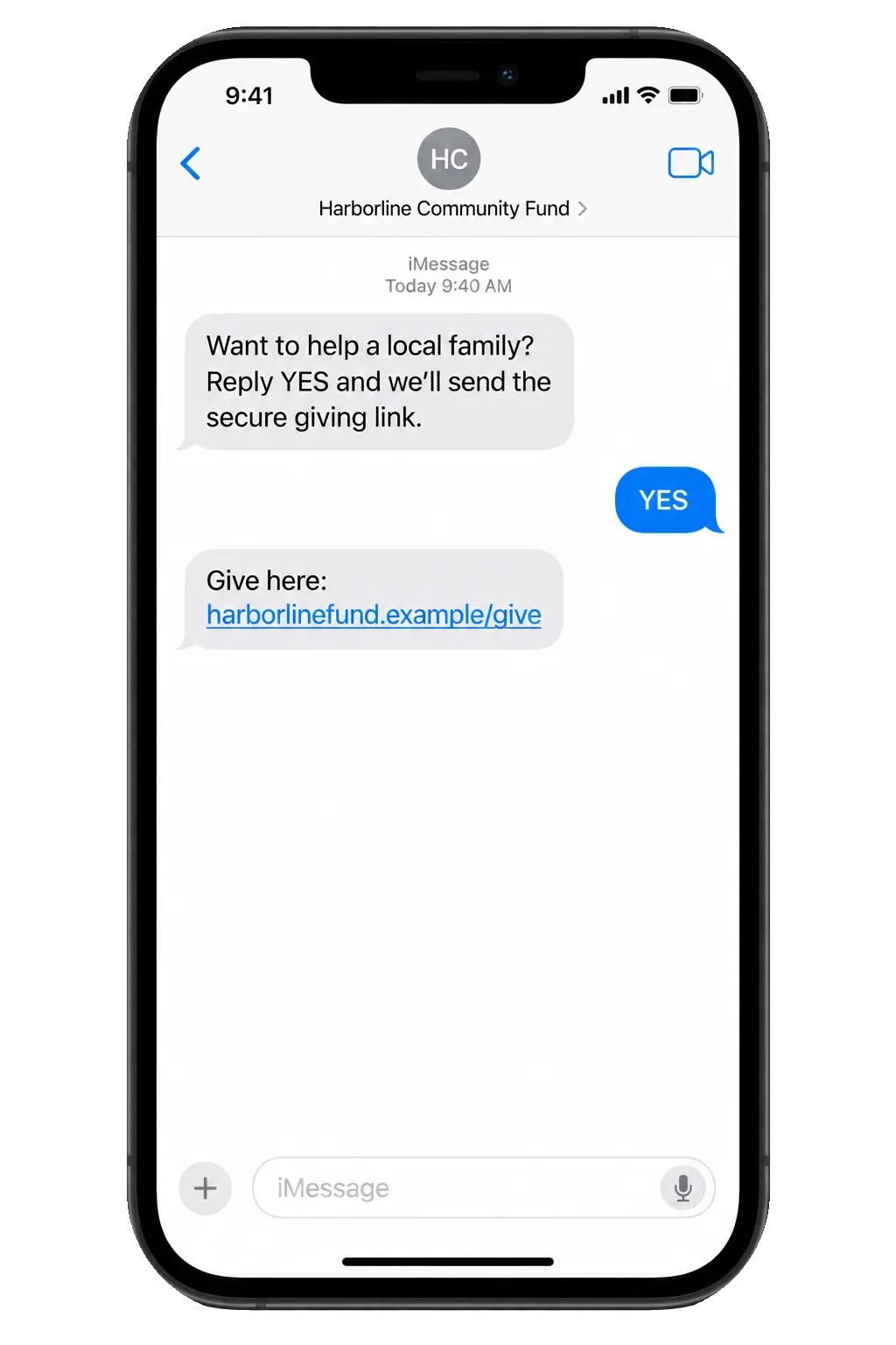 Giving text: want to help a local family, reply YES and we’ll send the secure giving link; the YES, then the fund’s own giving link.