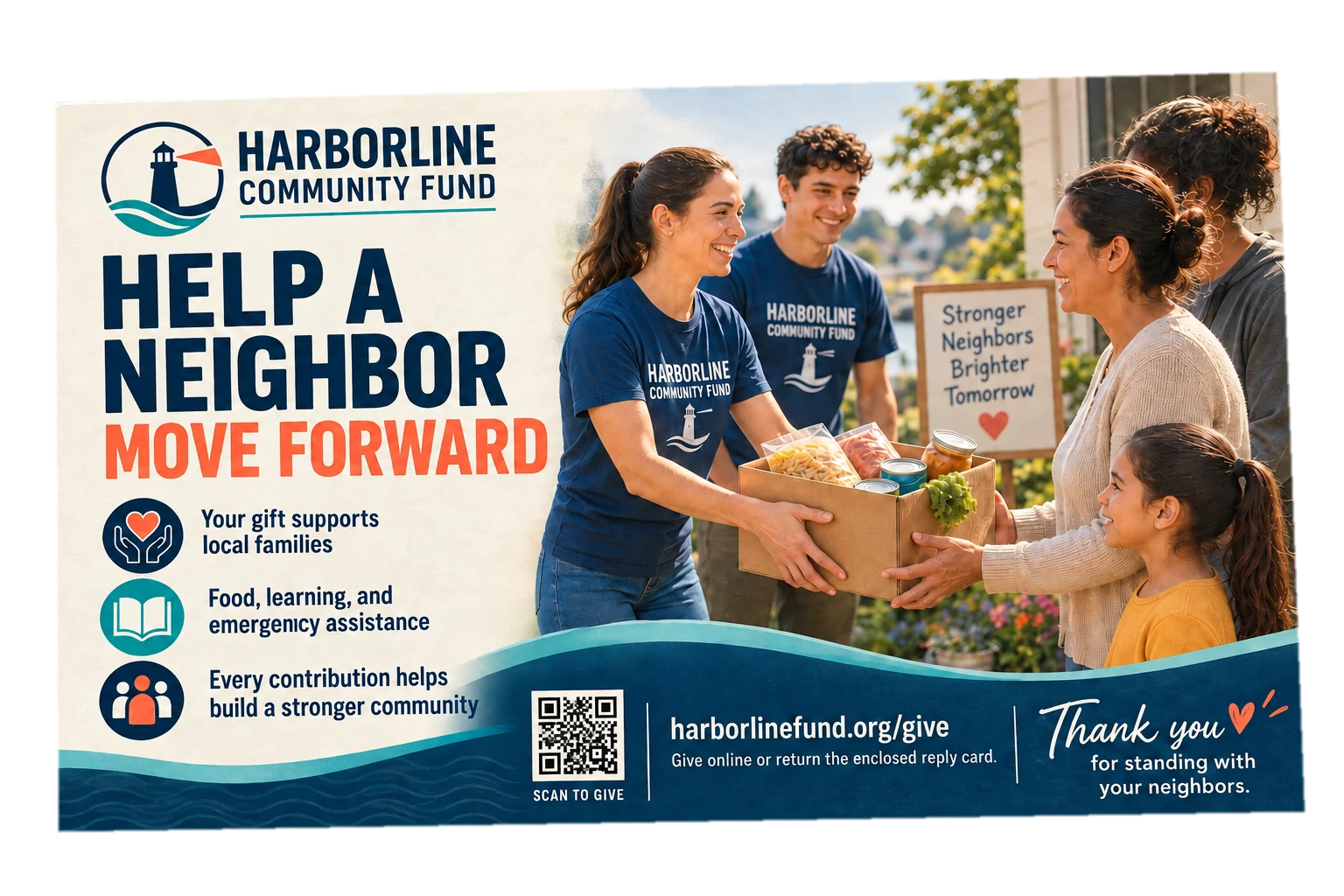Donor-acquisition mailer: help a neighbor move forward; your gift supports local families, food, learning and emergency assistance, every contribution helps build a stronger community; give today, thank you for standing with your neighbors.