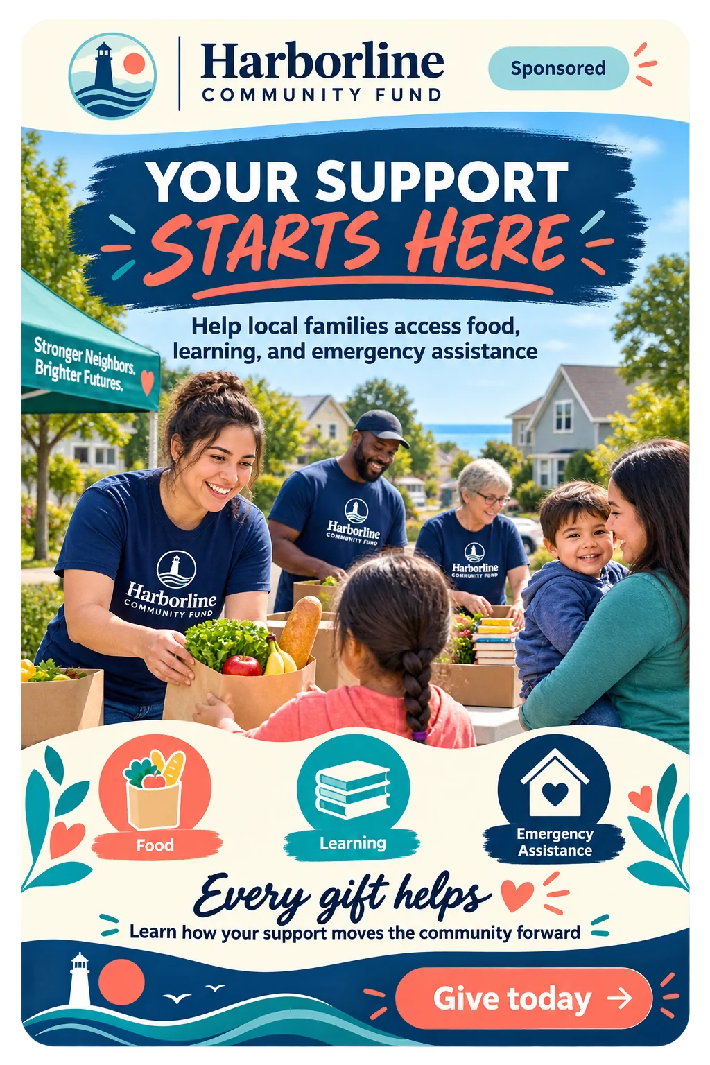 Donor-reinforcement feed unit: your support starts here, help local families access food, learning and emergency assistance; food, learning, emergency assistance; every gift helps, learn how your support moves the community forward; give today.