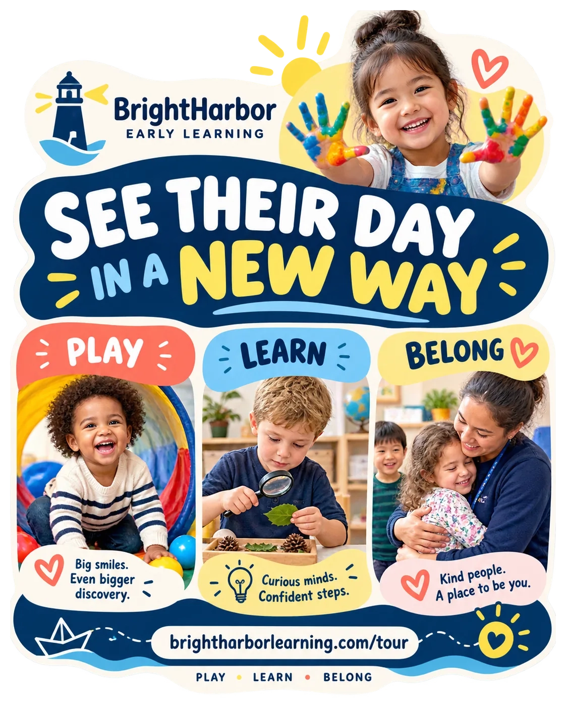 Family enrollment carousel: see their day in a new way; play, learn, belong; the center’s tour page address.