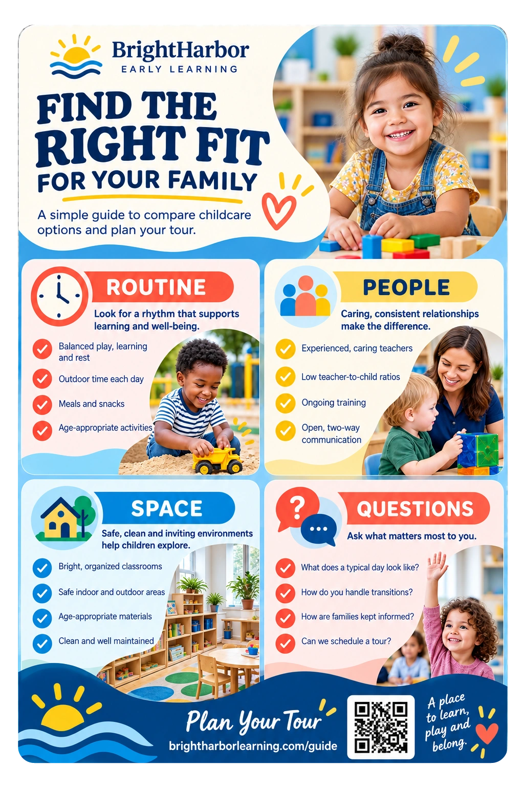 Parent decision guide: find the right fit for your family; routine, people, space, questions; plan your tour, the guide page’s address.