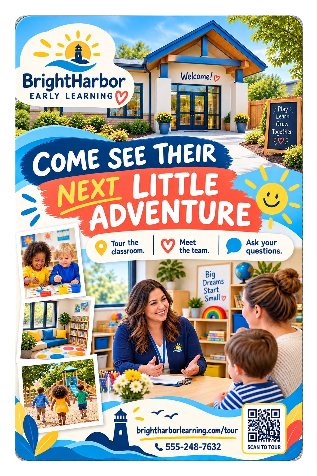 Tour-day invitation postcard: come see their next little adventure; tour the classroom, meet the team, ask your questions; the center’s tour page address.