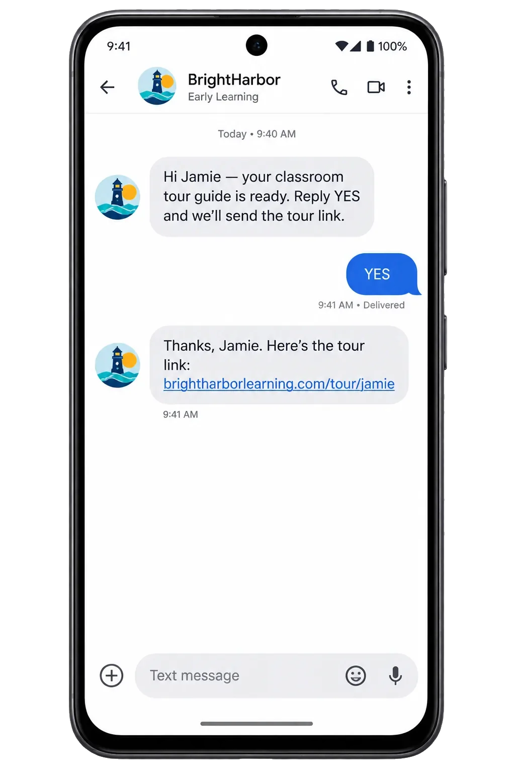 Tour follow-up text, addressed by first name: your classroom tour guide is ready, reply YES; the YES; then the tour link.