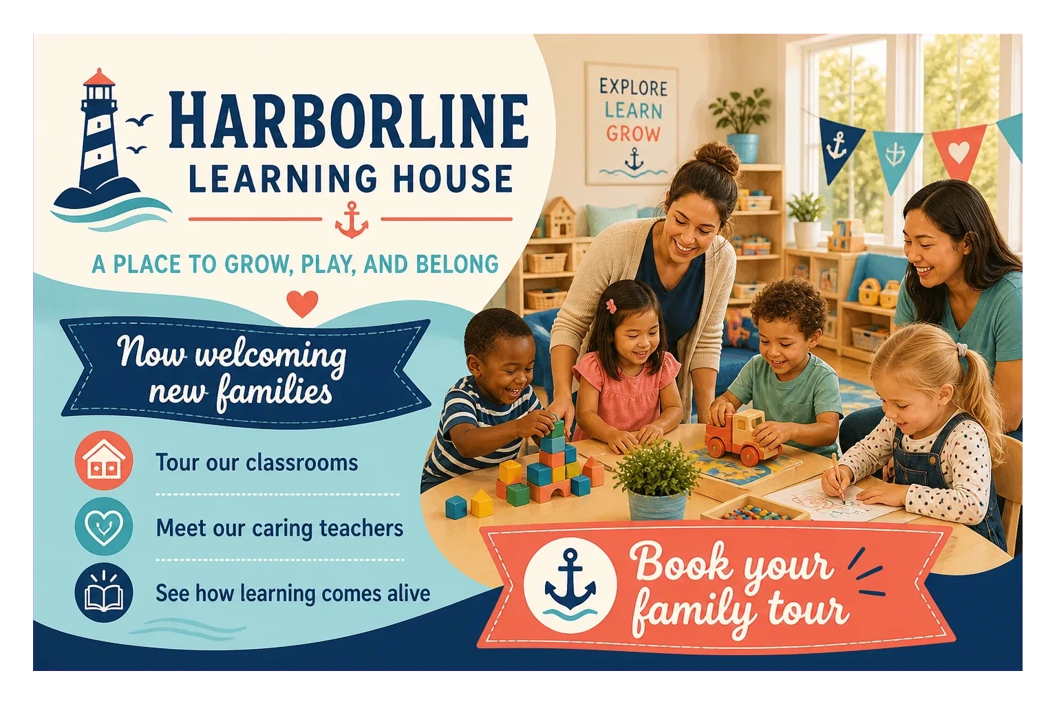 Enrollment postcard: a place to grow, play and belong; now welcoming new families; tour our classrooms, meet our caring teachers, see how learning comes alive; book your family tour.