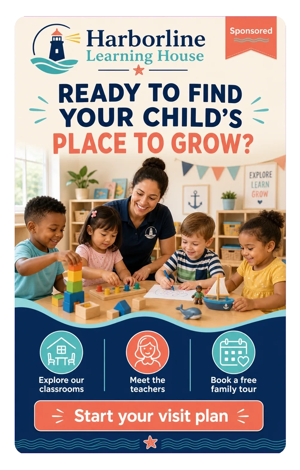 Tour-booking feed unit: ready to find your child’s place to grow; explore our classrooms, meet the teachers, book a free family tour; start your visit plan.