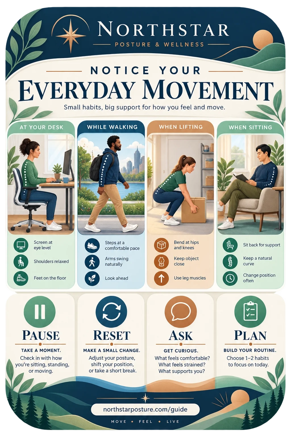 Everyday-movement guide: notice your everyday movement; at your desk, while walking, when lifting, when sitting; pause, reset, ask, plan; the guide page’s address.