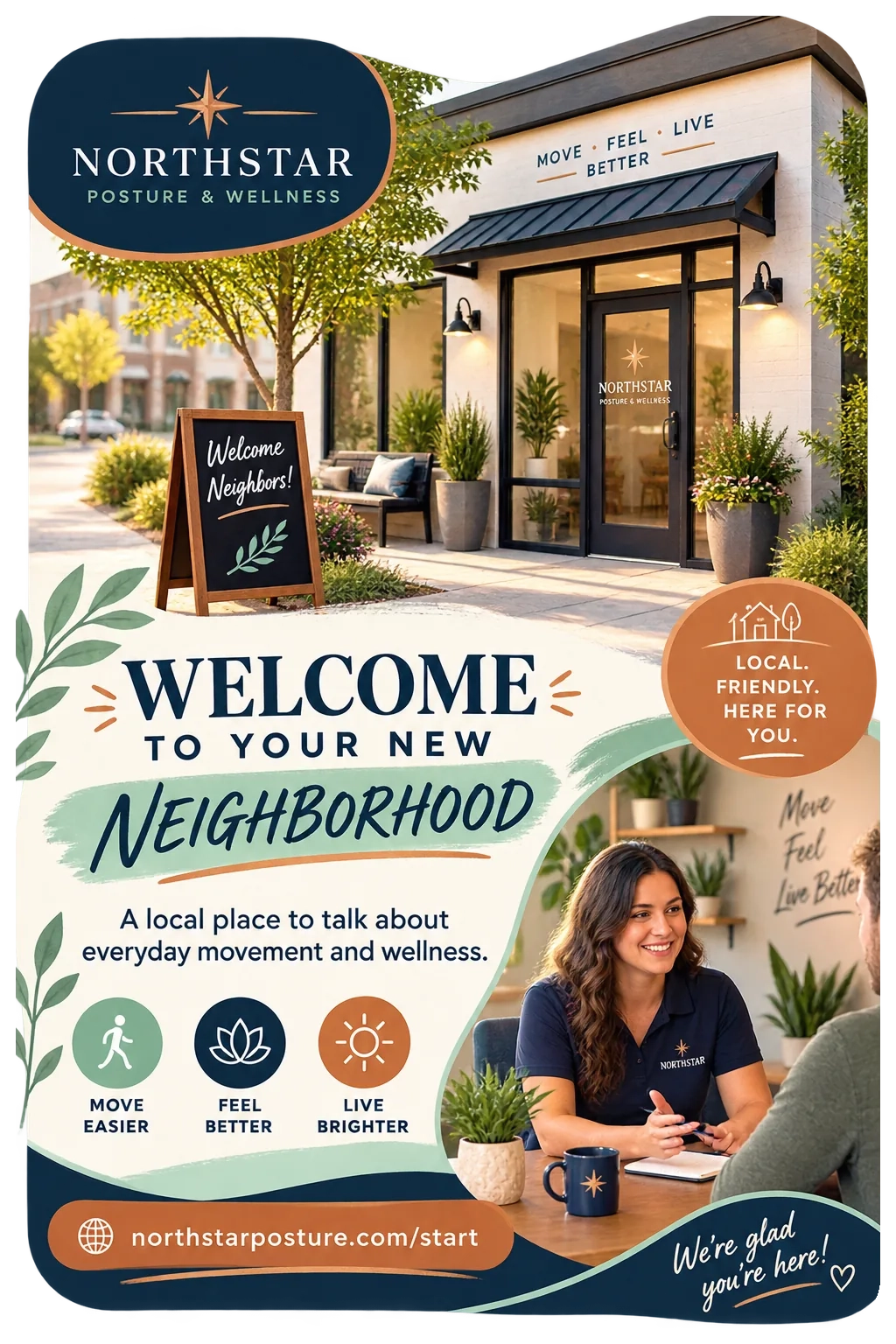 New-neighbor introduction postcard, 6 by 9: welcome to your new neighborhood, a local place to talk about everyday movement and wellness; the practice’s front door with its welcome board; the start page’s address.