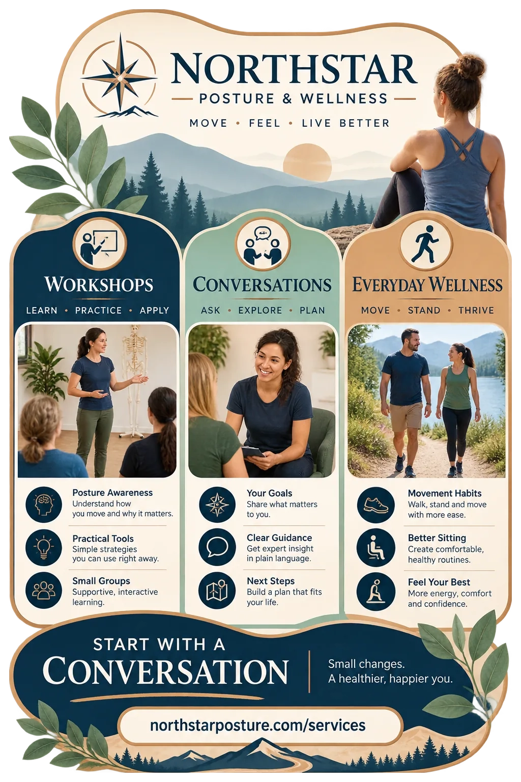 Practice-services one-sheet: workshops, conversations, everyday wellness; learn, practice, apply; ask, explore, plan; start with a conversation; the services page’s address.