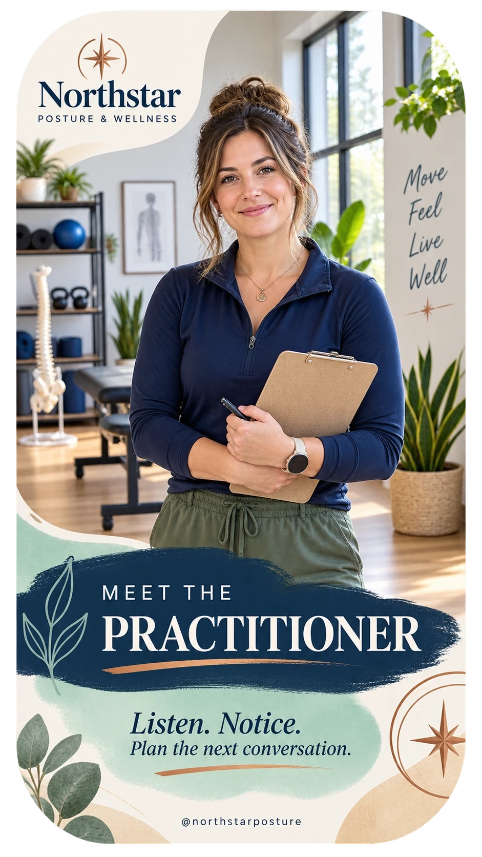 Practitioner-profile Reel: meet the practitioner; listen, notice, plan the next conversation; the practitioner with her clipboard in the studio; the practice’s handle at the foot.