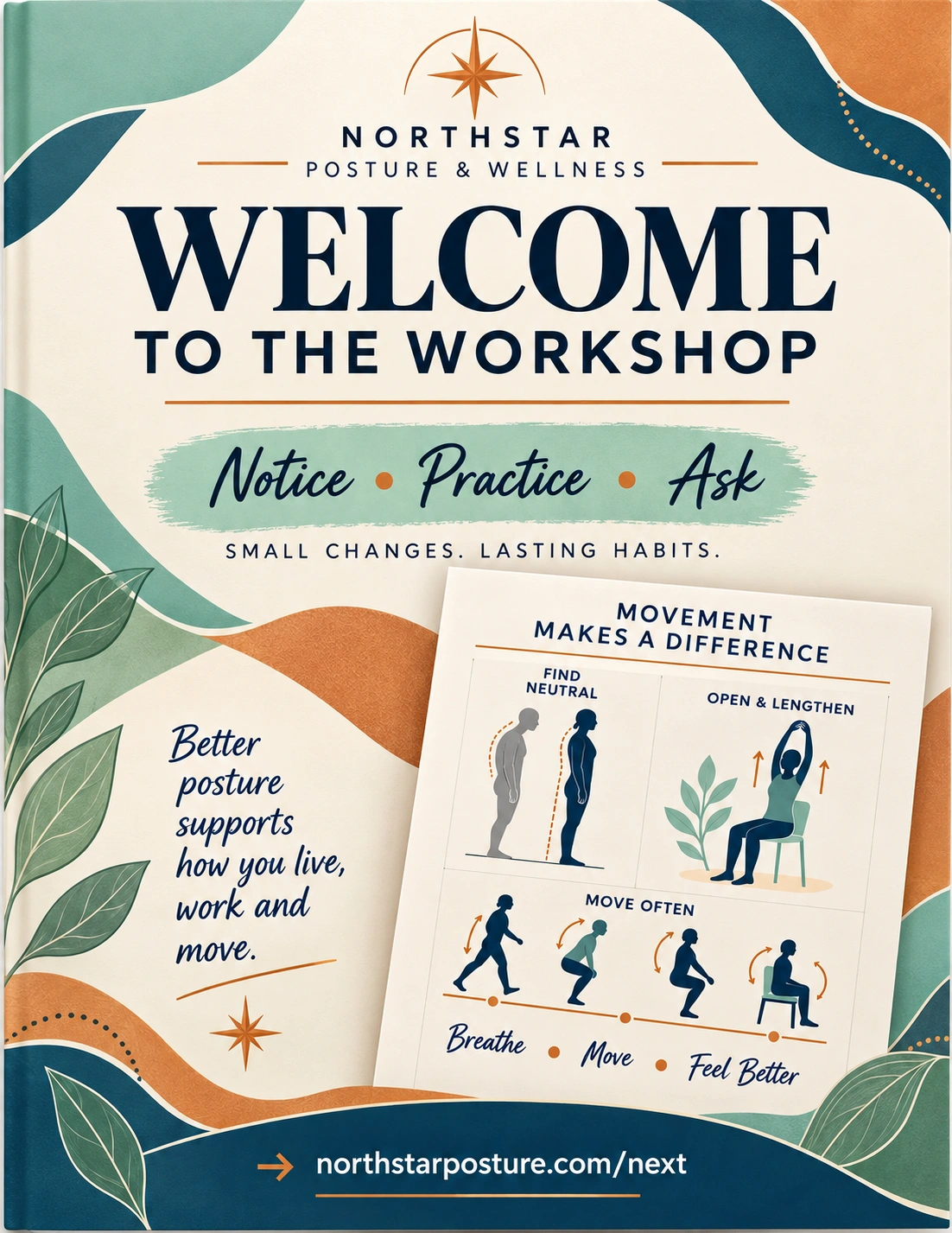 Workshop attendee welcome kit: welcome to the workshop; notice, practice, ask; a notebook, a movement sheet and a glass of water on the table; the next-step page’s address.