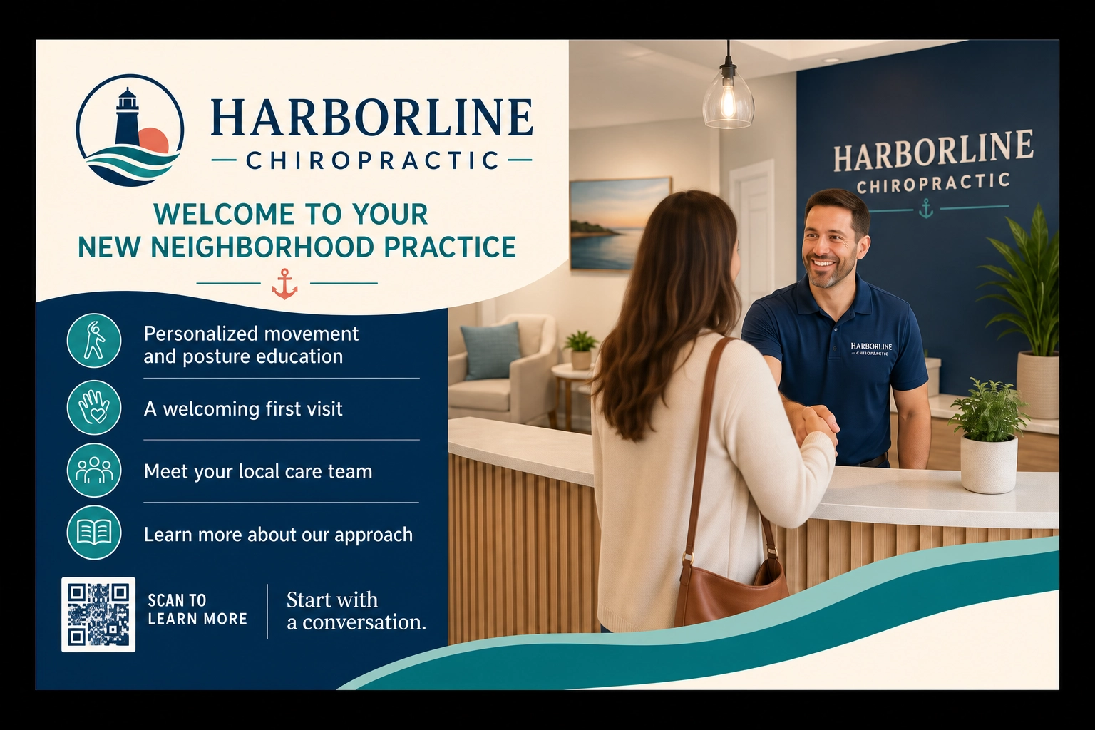 New-neighbor introduction postcard: welcome to your new neighborhood practice; personalized movement and posture education, a welcoming first visit, meet your local care team, learn more about our approach; schedule an introductory conversation.