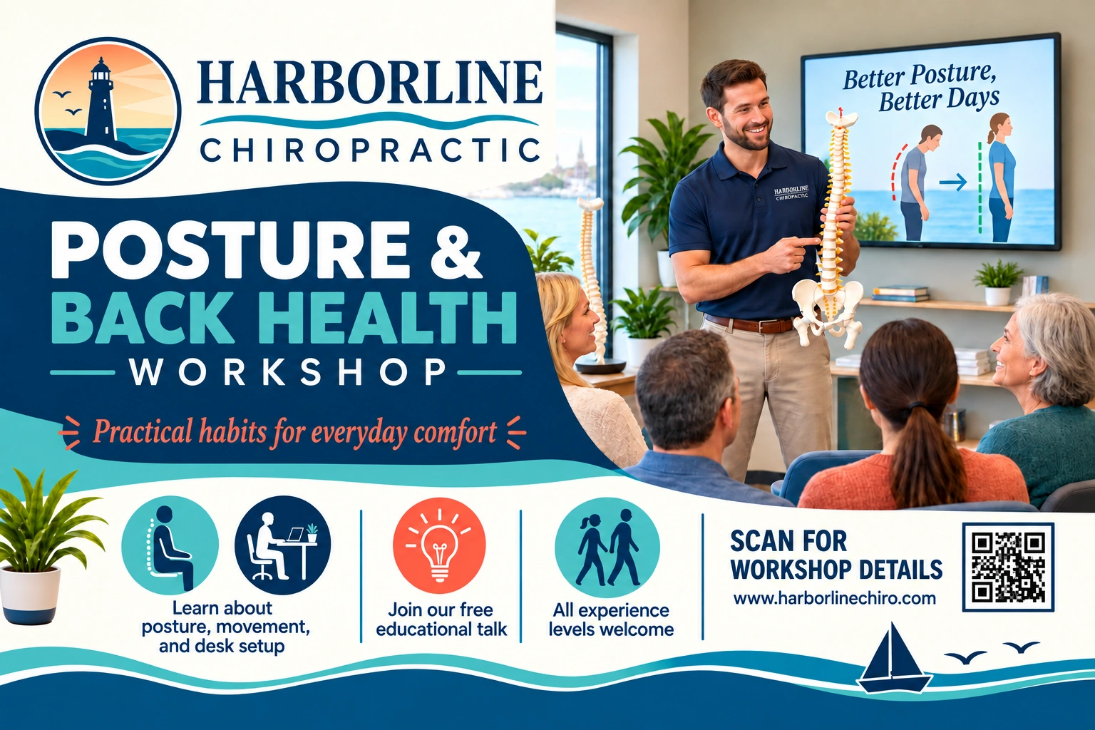 Posture and back-health workshop postcard: practical habits for everyday comfort; learn about posture, movement and desk setup; join our free educational talk; all experience levels welcome; reserve your seat.