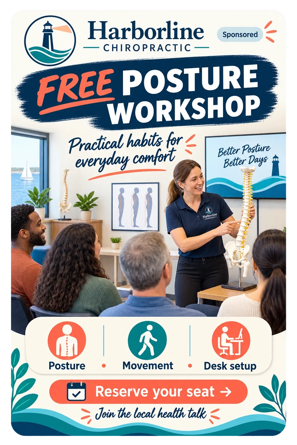Workshop RSVP feed unit: free posture workshop, practical habits for everyday comfort; posture, movement, desk setup; reserve your seat, join the local health talk.