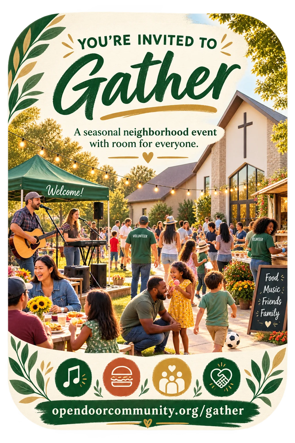 Seasonal community-event postcard: an inclusive neighborhood invitation to a local gathering.