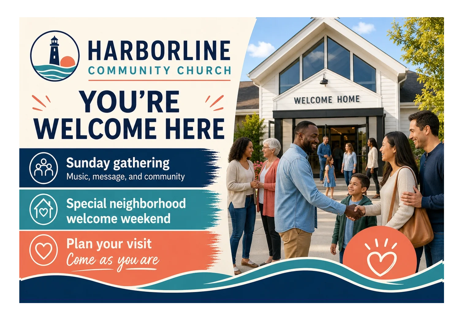 Neighborhood postcard invitation to a Sunday gathering, a welcome weekend and a plan-your-visit step.
