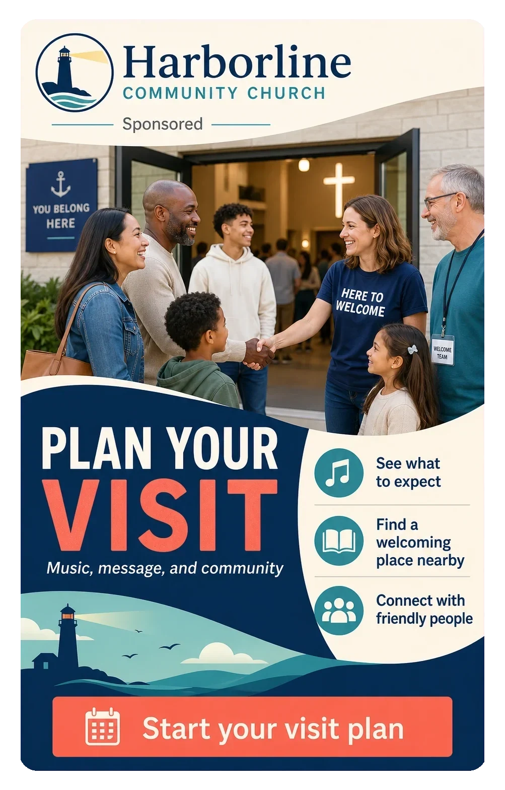 Plan-Your-Visit feed unit: see what to expect, find a welcoming place nearby, connect with friendly people.