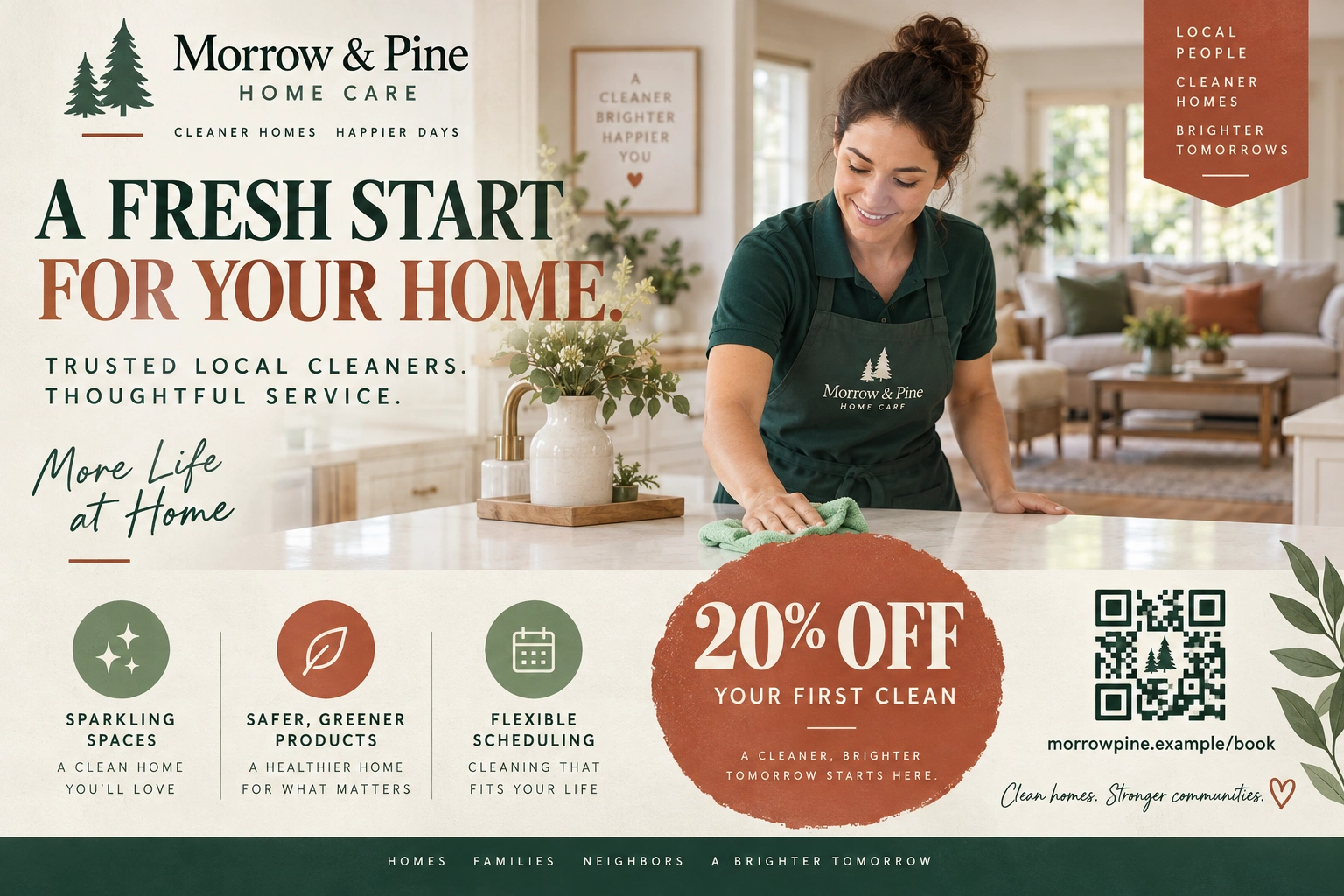 First-time postcard: a fresh start for your home; trusted local cleaners, thoughtful service; a twenty-per-cent first-clean offer printed on the card; sparkling spaces, safer greener, flexible scheduling; book your first visit; the company’s own web address.