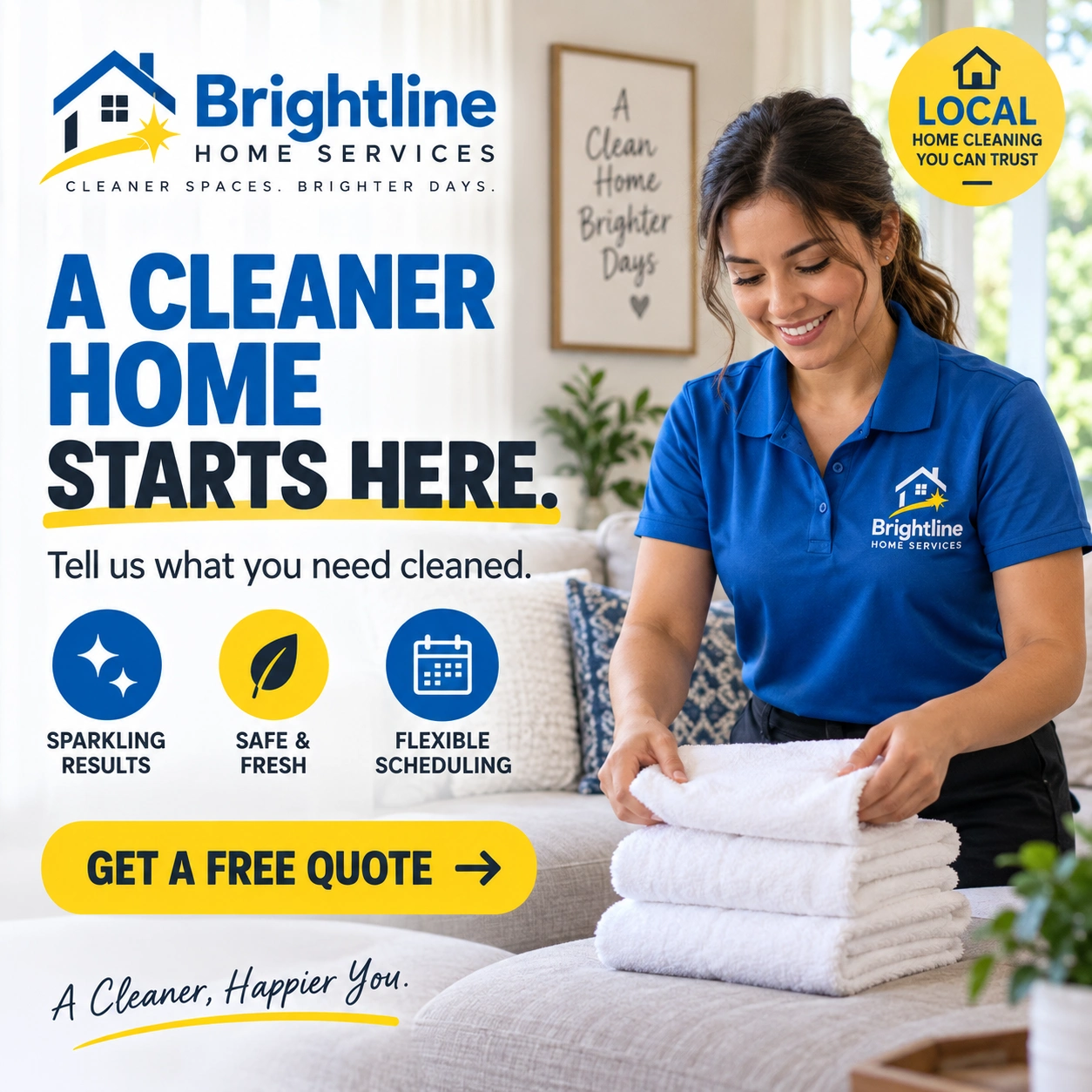 Lead ad: a cleaner home starts here; tell us what you need cleaned; local home cleaning; sparkling results, safe and fresh, flexible scheduling; the folded towels on the table; get a free quote.