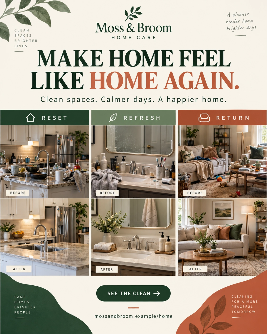 Clean-home carousel: make home feel like home again; reset, refresh, return; the kitchen, the bath and the living room each before and after; clean spaces, calmer days, a happier home.