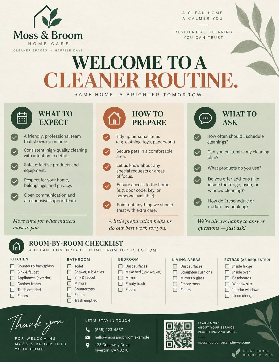 First-visit welcome kit: welcome to a cleaner routine; what to expect, how to prepare, what to ask; a room-by-room checklist, service questions, contact details and a QR code.