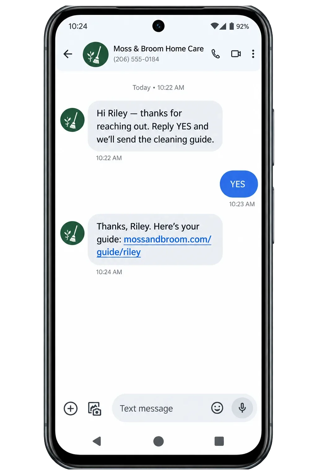 Android thread: thanks for reaching out; reply YES and we’ll send the cleaning guide; the YES; then the guide link, and no further message.