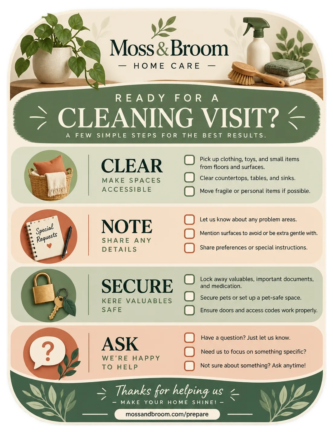 Preparation checklist: ready for a cleaning visit; clear, note, secure, ask; make spaces accessible, share any details, keep valuables safe, we’re happy to help.