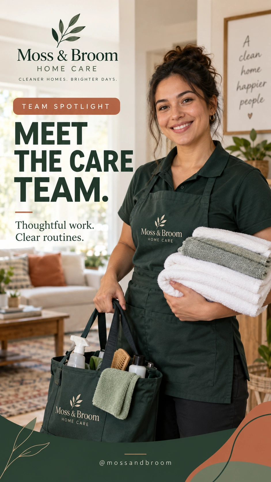 Professional-profile Reel cover: meet the care team; thoughtful work, clear routines; the cleaner with the folded towels and the tote at the table; the company’s handle at the foot.