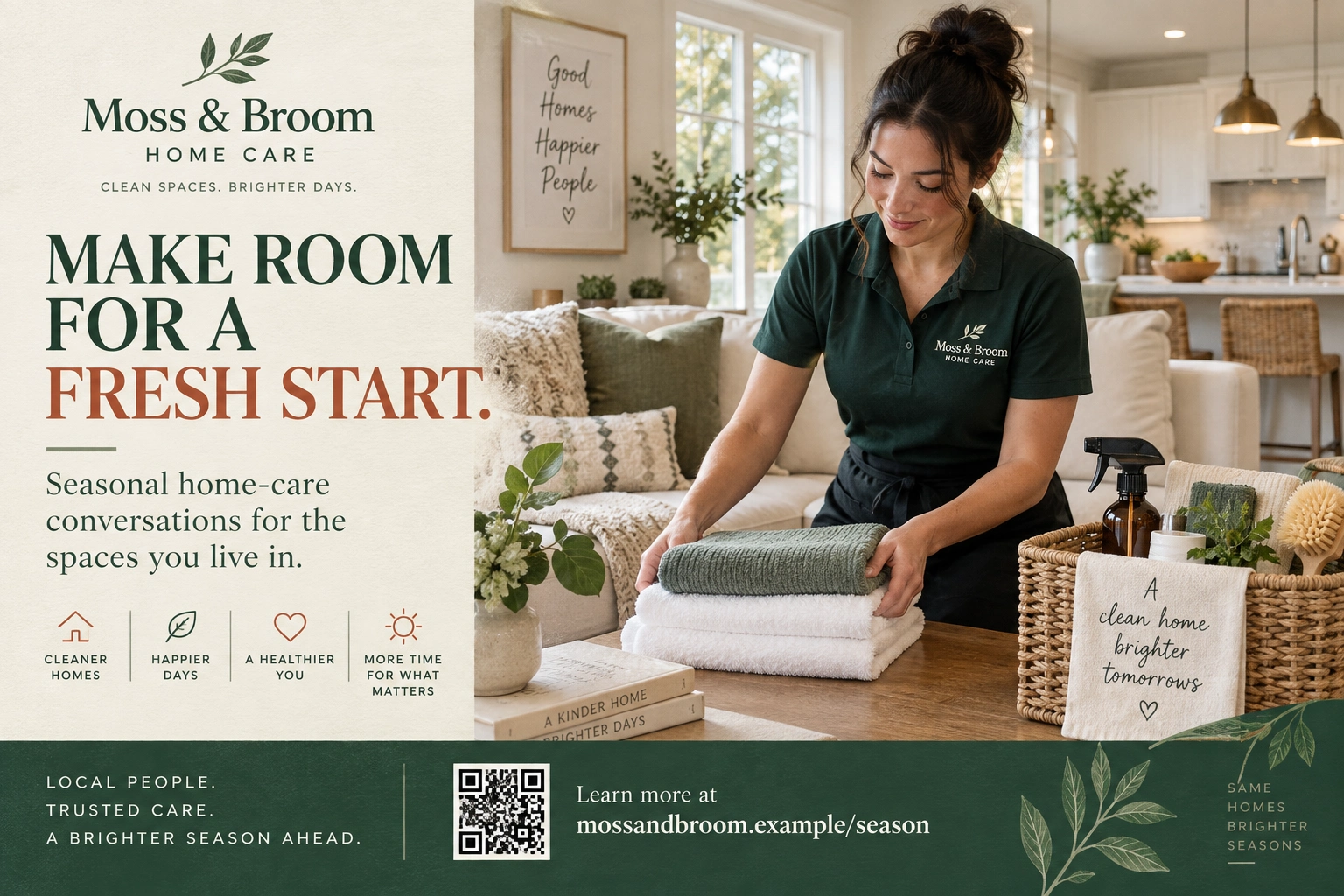 Seasonal deep-clean postcard: make room for a fresh start; seasonal home-care conversations for the spaces you live in; the cleaner setting out folded linens in the front room; the company’s own web address at the foot.