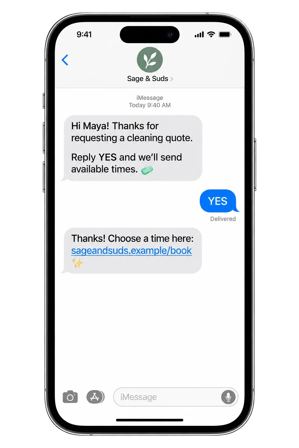 iPhone thread: thanks for requesting a cleaning quote; reply YES and we’ll send available times; the YES; then a booking link.