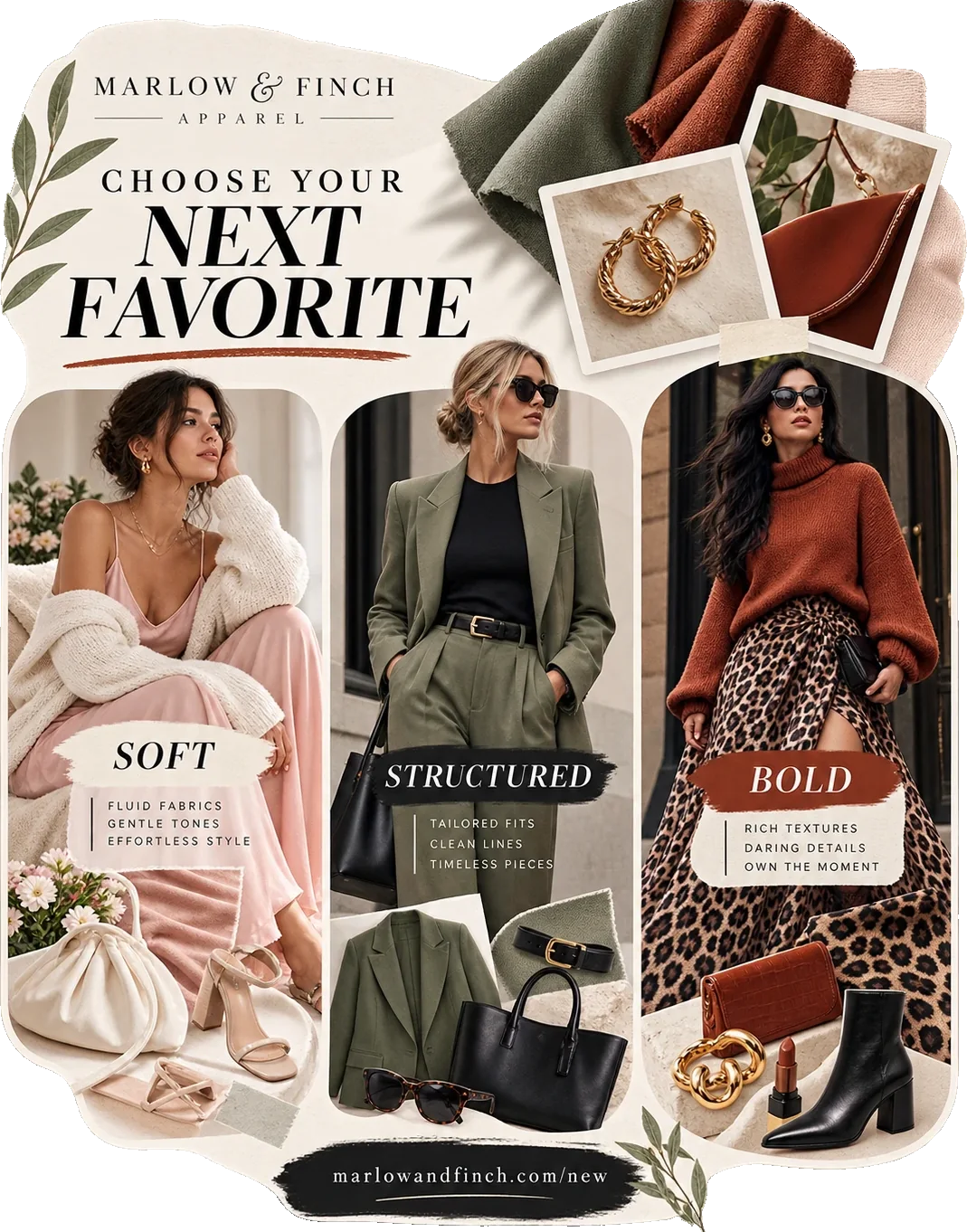 Collection-launch carousel: choose your next favorite, with soft, structured and bold as three marked panels — fluid fabrics, gentle tones and effortless style; tailored fits, clean lines and timeless pieces; rich textures, daring details and own the moment.
