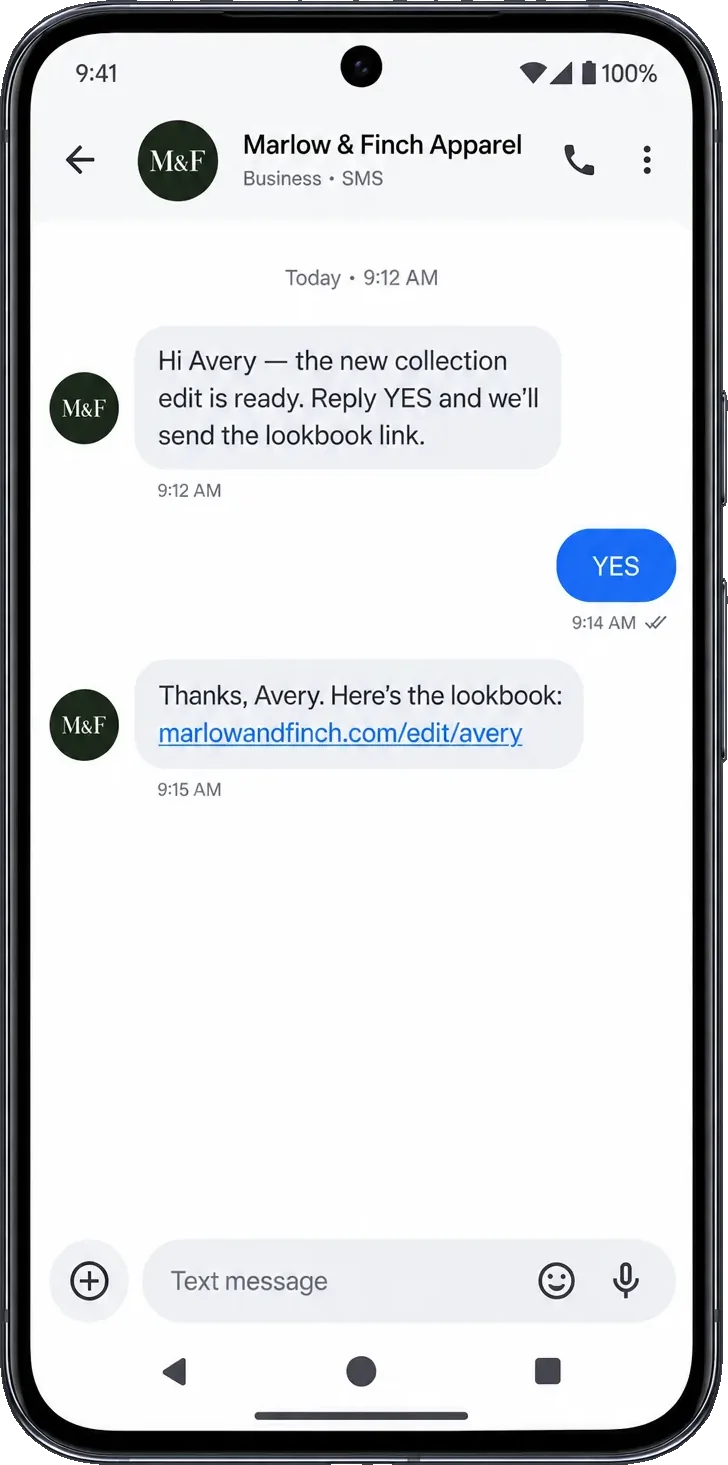 Collection-release text, addressed by first name: the new collection edit is ready, reply YES and we’ll send the lookbook link; the YES, then the lookbook written for that customer.