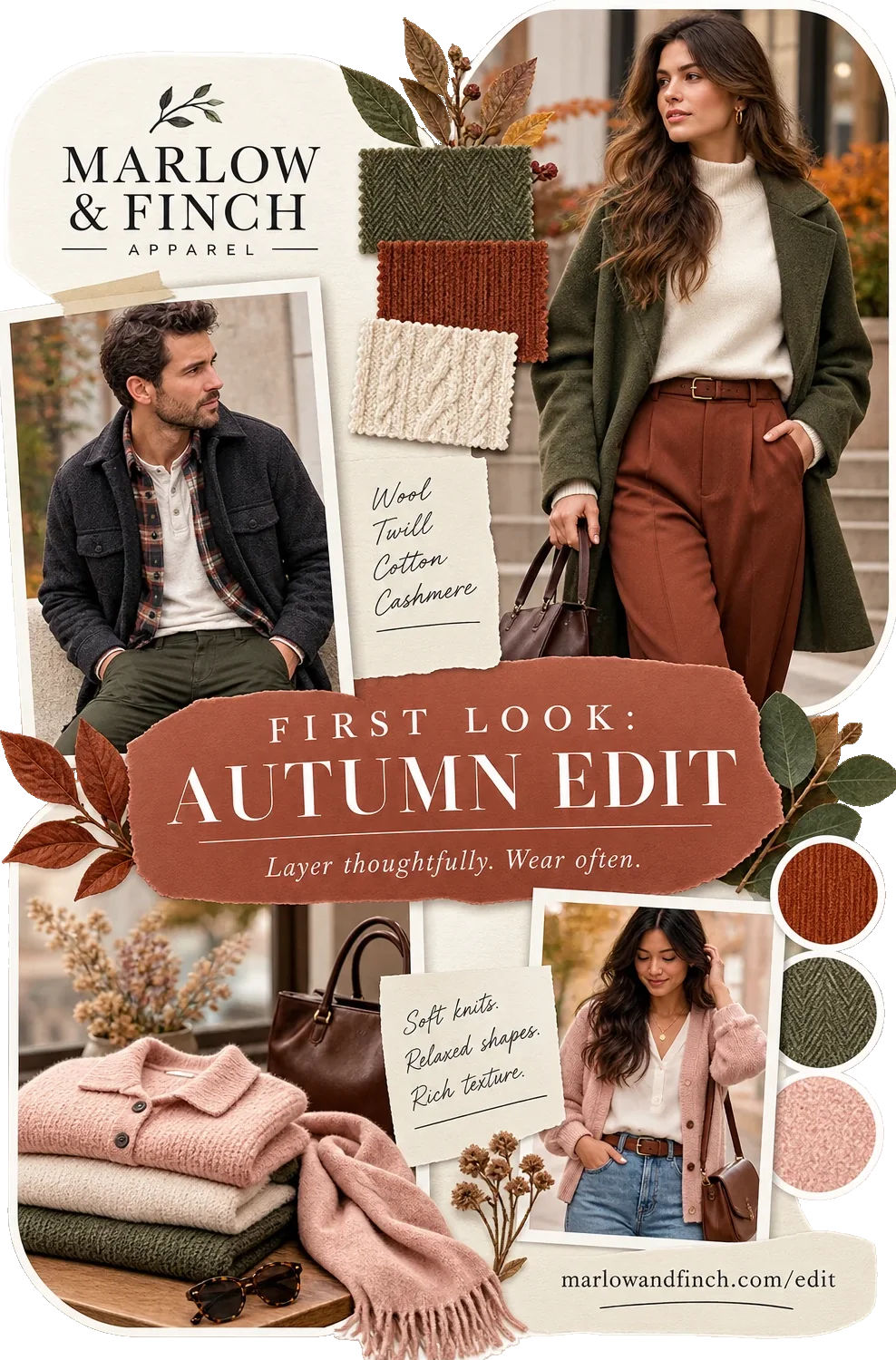 First-look collection self-mailer: first look at the autumn edit, layer thoughtfully and wear often, with wool, twill, cotton and cashmere written beside the swatches, soft knits, relaxed shapes and rich texture, and the label’s own edit address at the foot.