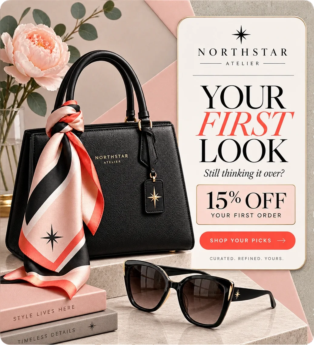 First-purchase feed unit: your first look, still thinking it over, 15% off your first order printed on the card, shop your picks, and curated, refined, yours along the foot.