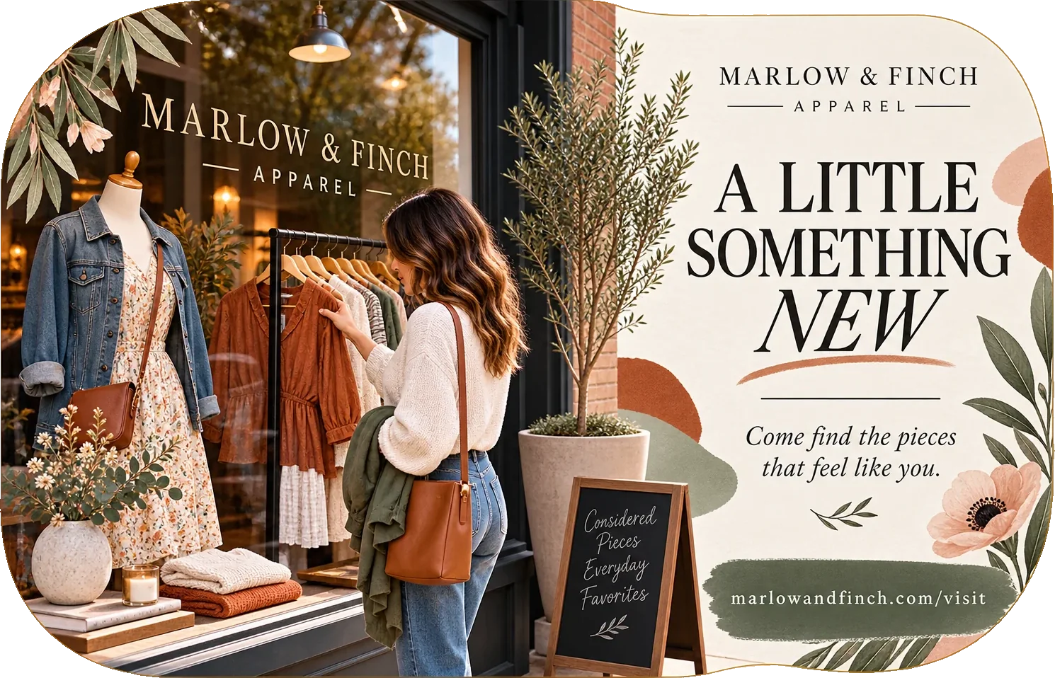 First-purchase postcard: a little something new, come find the pieces that feel like you, a shopper at the window with considered pieces and everyday favorites chalked on the board, and the label’s own visit address at the foot.