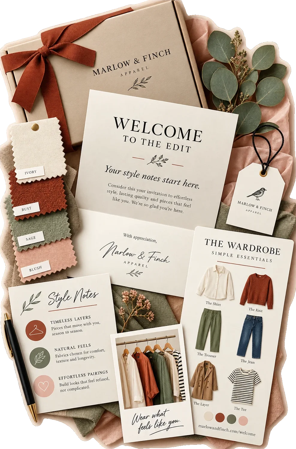 Loyalty welcome kit: welcome to the edit, your style notes start here, with ivory, rust, sage and blush on the swatch cards, timeless layers, natural feels and effortless pairings on the style notes, and the shirt, the knit, the trouser, the jean, the layer and the tee on the wardrobe card.