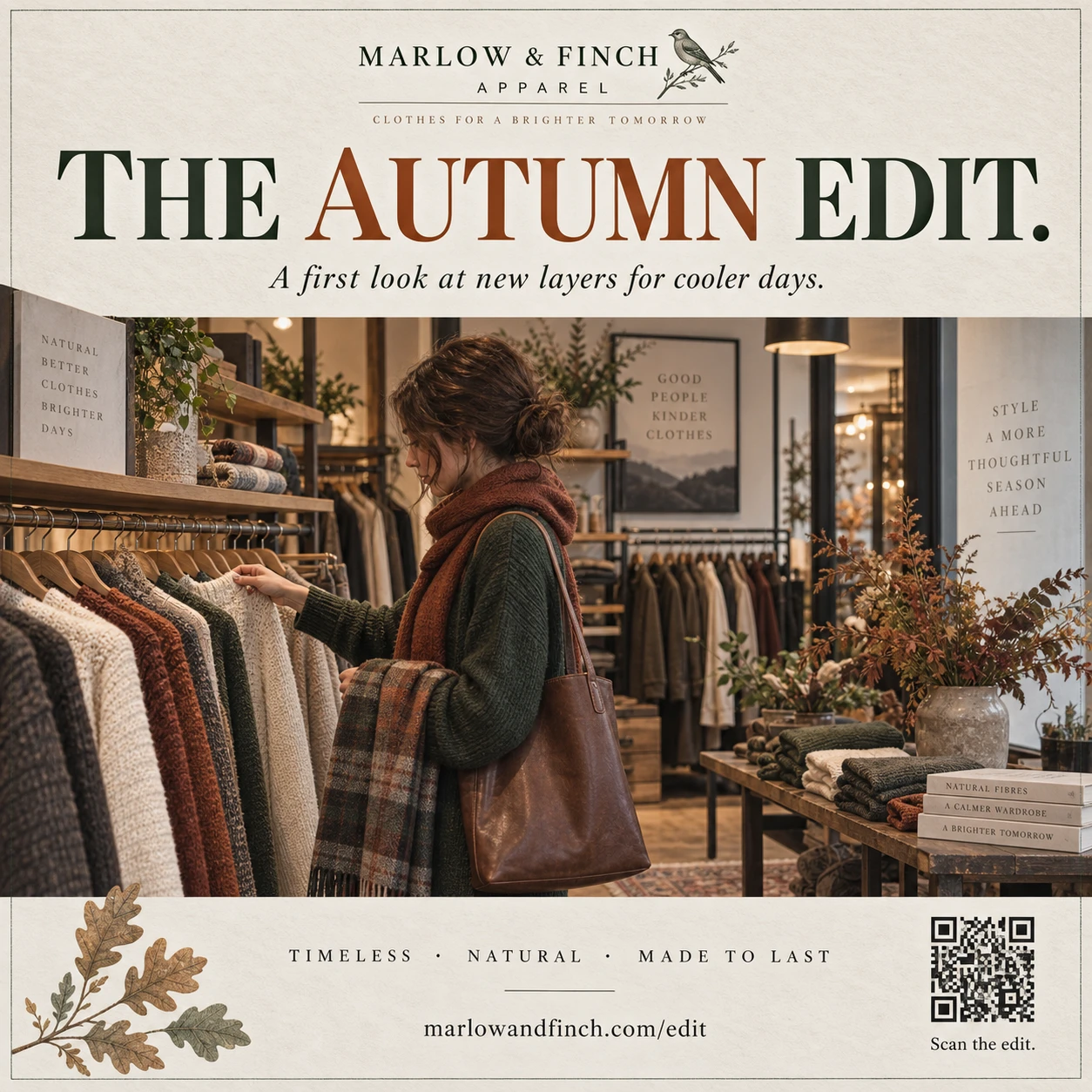 Seasonal launch postcard, its address side showing: the autumn edit, a first look at new layers for cooler days, explore the collection, timeless, natural and made to last along the tear, and see you in the next chapter written across the message side.