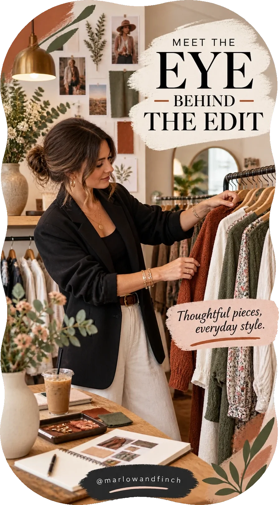 Stylist-and-buyer profile Reel: meet the eye behind the edit, a buyer working a rail with the season’s board behind her, thoughtful pieces and everyday style, and the label’s own handle at the foot.
