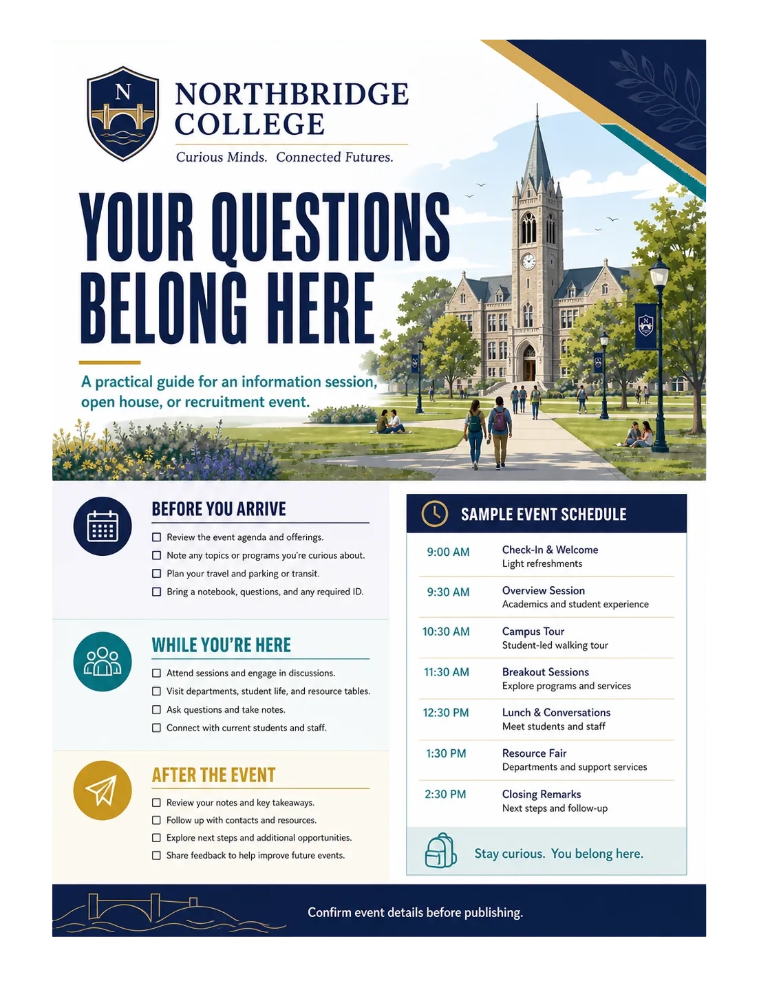 Admissions-event kit: your questions belong here, a practical guide for an information session, open house or recruitment event; before you arrive, while you’re here, after the event; a sample event schedule.