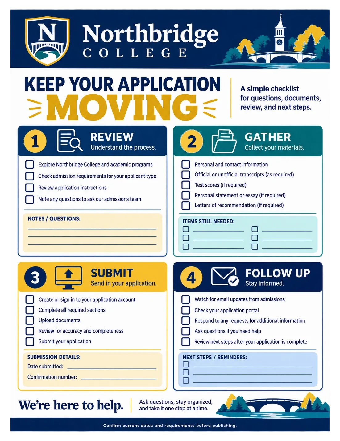 Application-completion checklist: keep your application moving; review, gather, submit, follow up; notes, items still needed, submission details, next steps.
