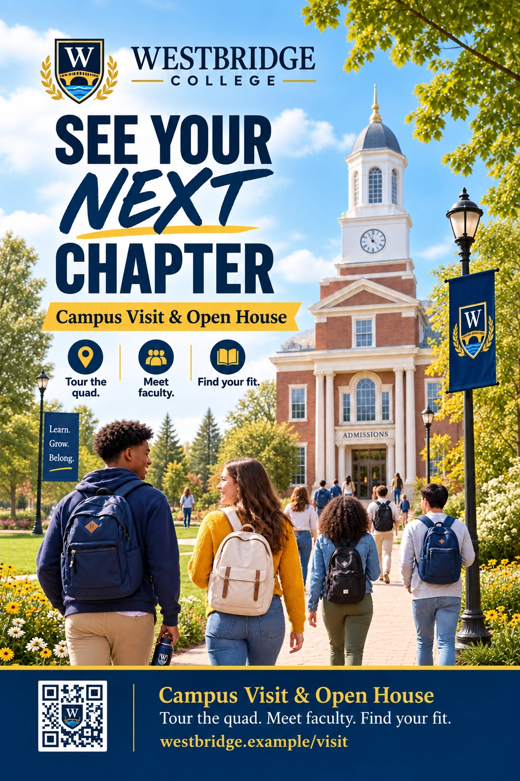 Campus-visit postcard: see your next chapter, campus visit and open house; tour the quad, meet faculty, find your fit; reserve your visit, a QR code and the visit page address.