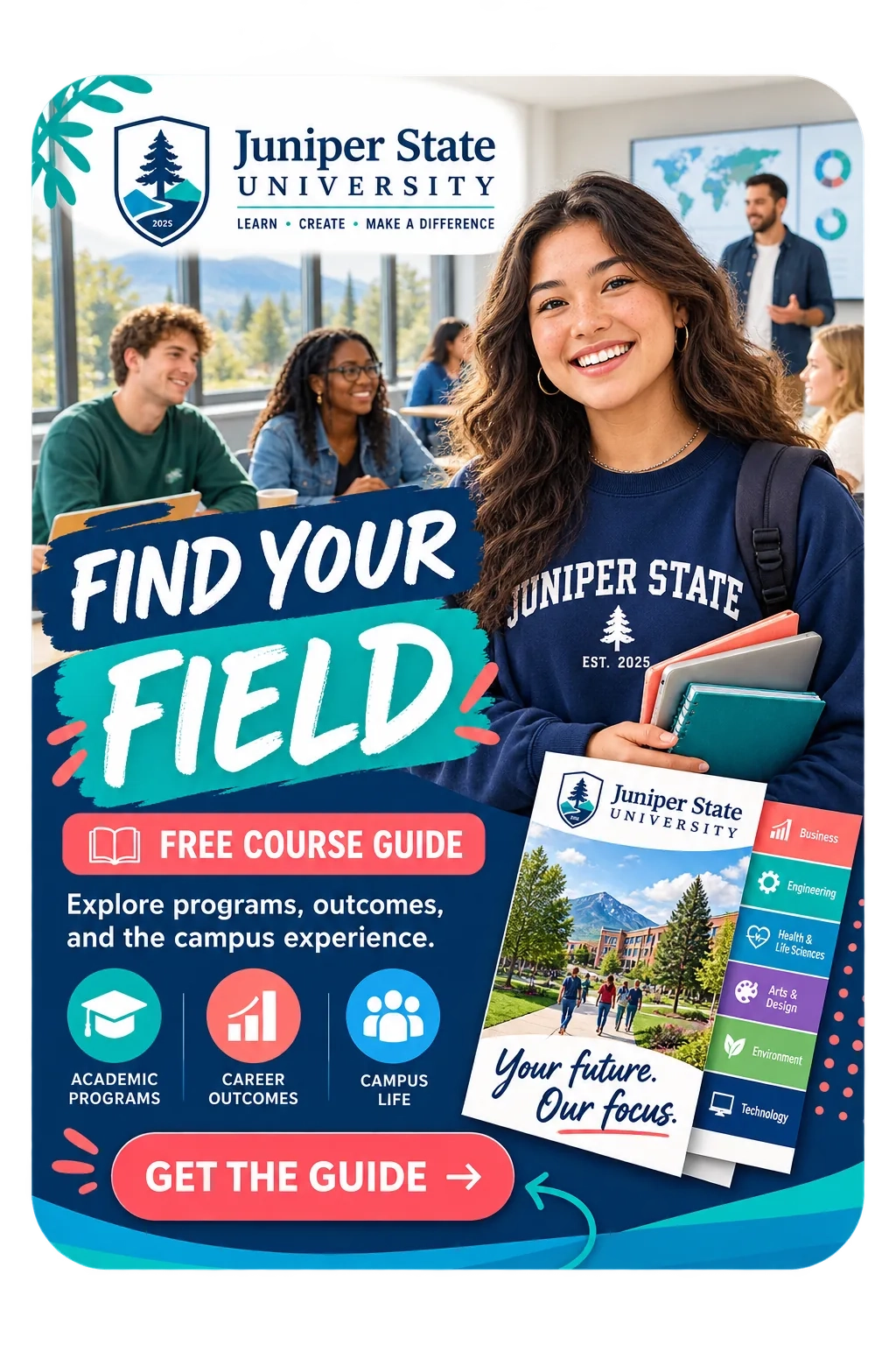 Course-guide lead ad: find your field; free course guide, explore programs, outcomes and the campus experience; academic programs, career outcomes, campus life; get the guide.