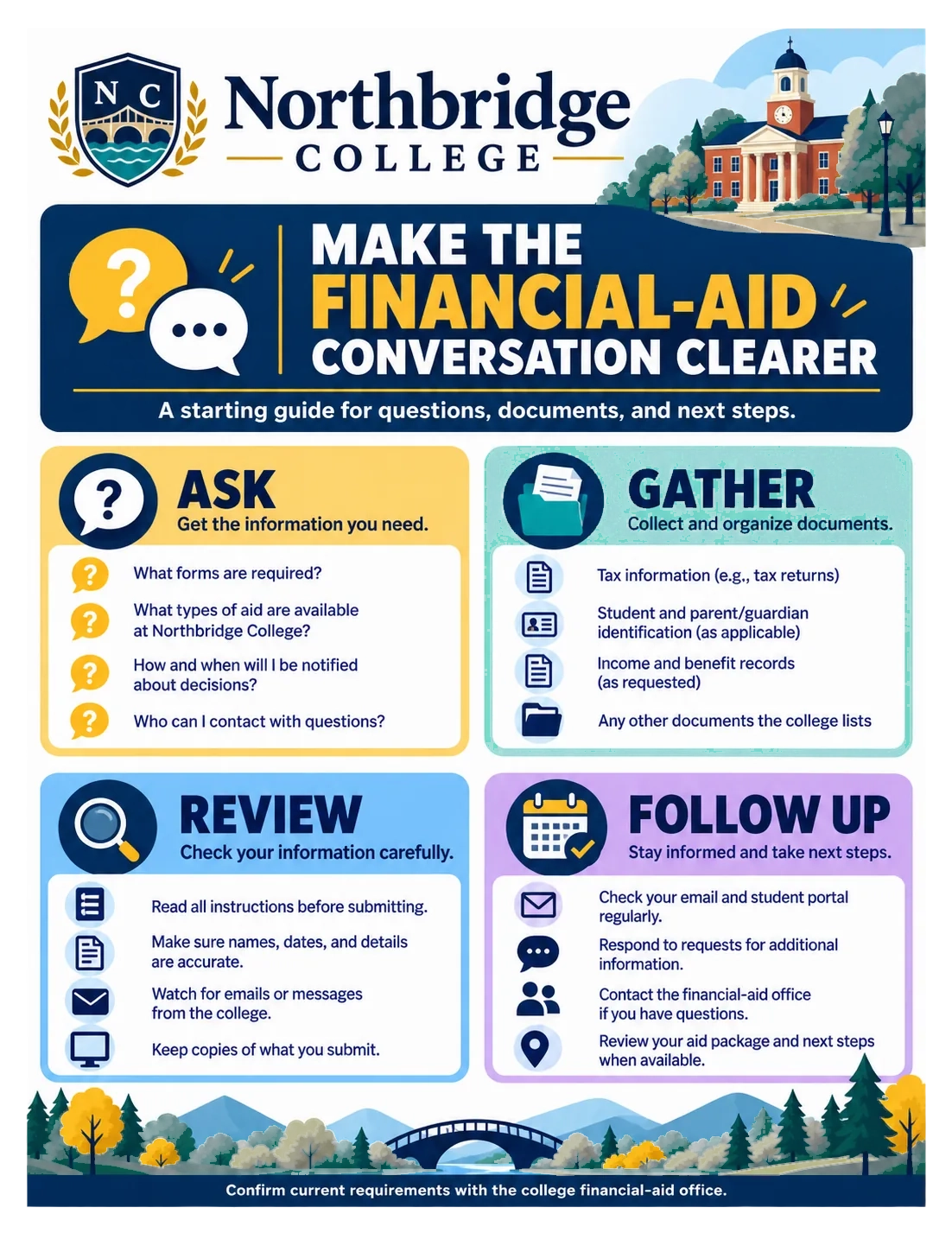 Financial-aid conversation explainer: make the financial-aid conversation clearer, a starting guide for questions, documents and next steps; ask, gather, review, follow up.