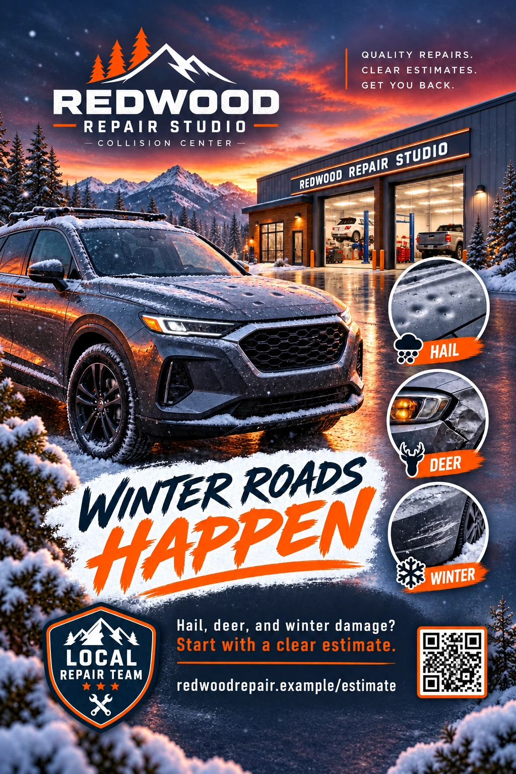 Winter postcard: winter roads happen; hail, deer and winter close-ups; hail, deer and weather damage, start with a clear estimate; request an estimate.