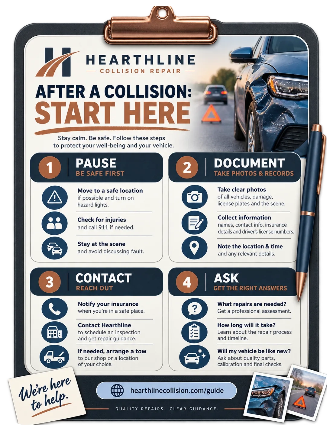 After-collision guide on its clipboard: start here; pause, document, contact, ask; we’re here to help; the guide page’s address.