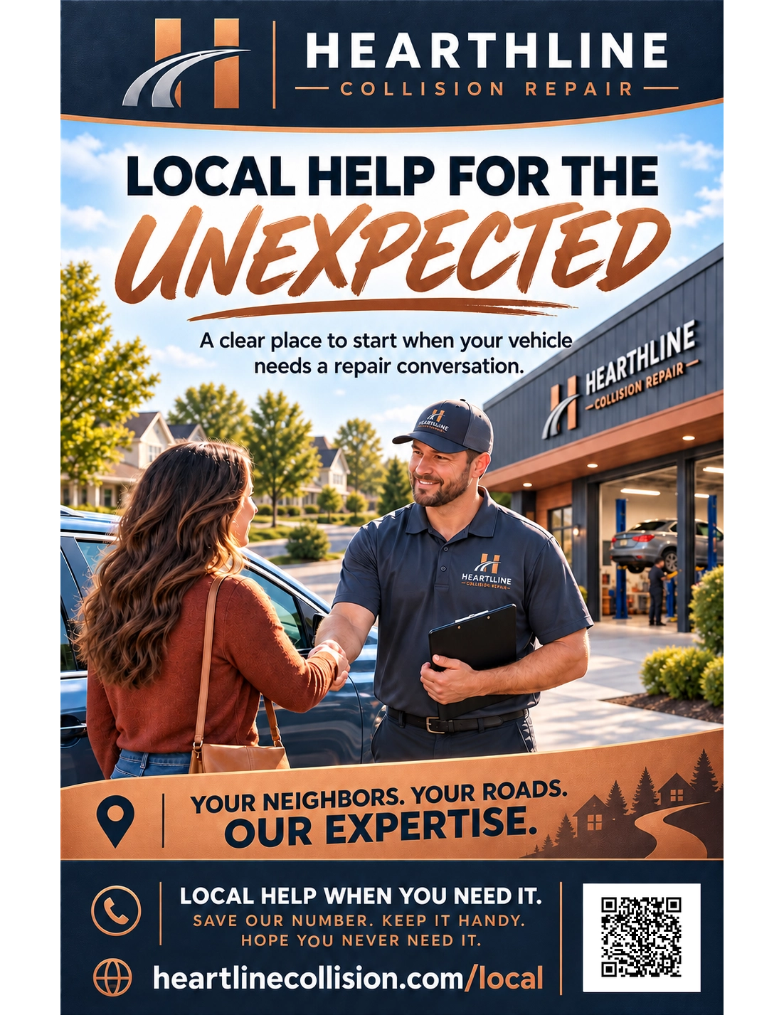 Local-service mailer: local help for the unexpected, a clear place to start when your vehicle needs a repair conversation, the shop’s local page address.